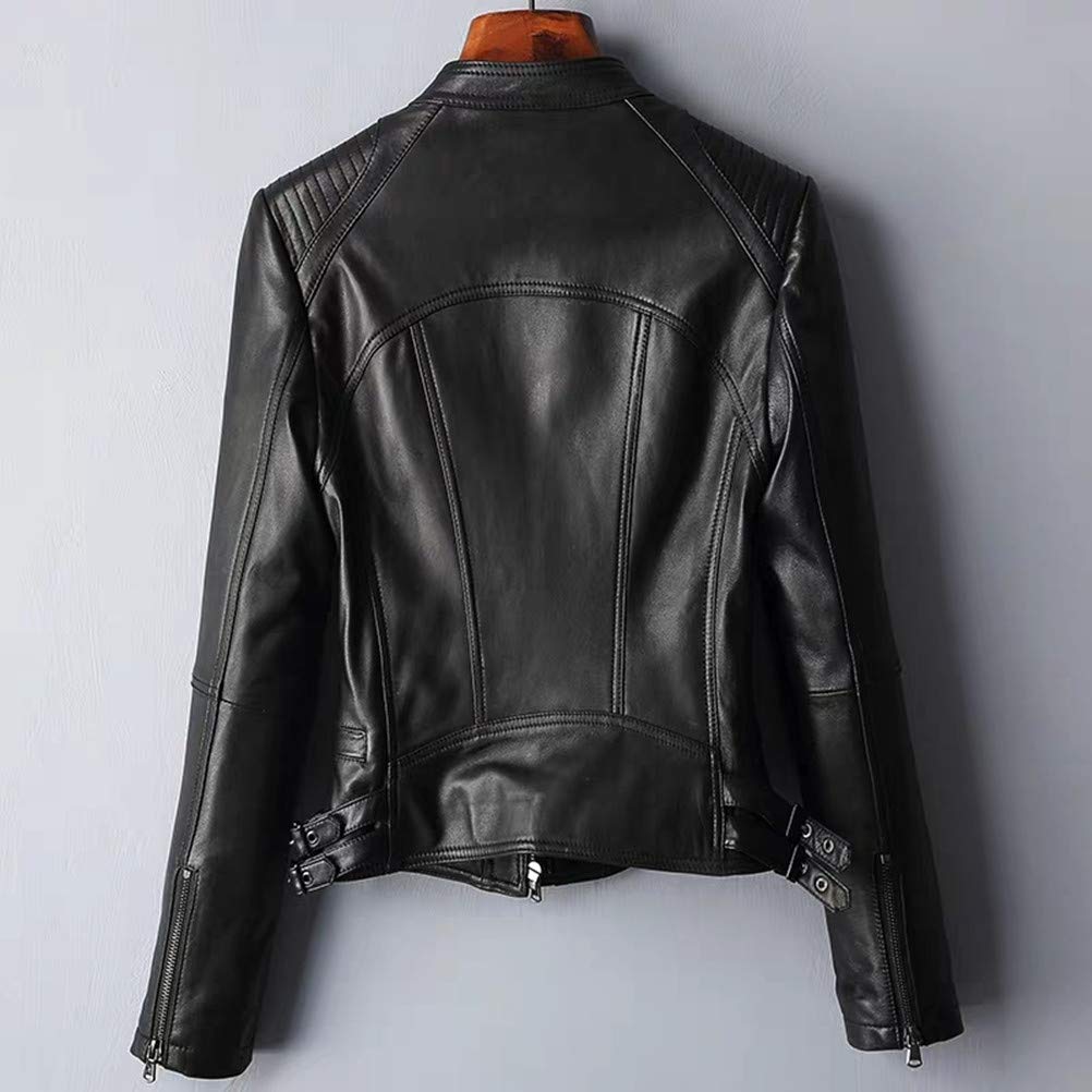 JINLUN Кожаная куртка-косуха со стойкой из ягненка, облегающая, для весеннего дня, женская, большого размера, воротник, кожа, посадка, кожа, черный, подарок маме, (Л, Черный)