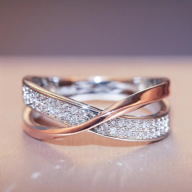 Classic Female Ring 925 Silver Two Tone X Shape Cross Rings For Women Infinite Dazzling Zircon Wedding Rings Anillos