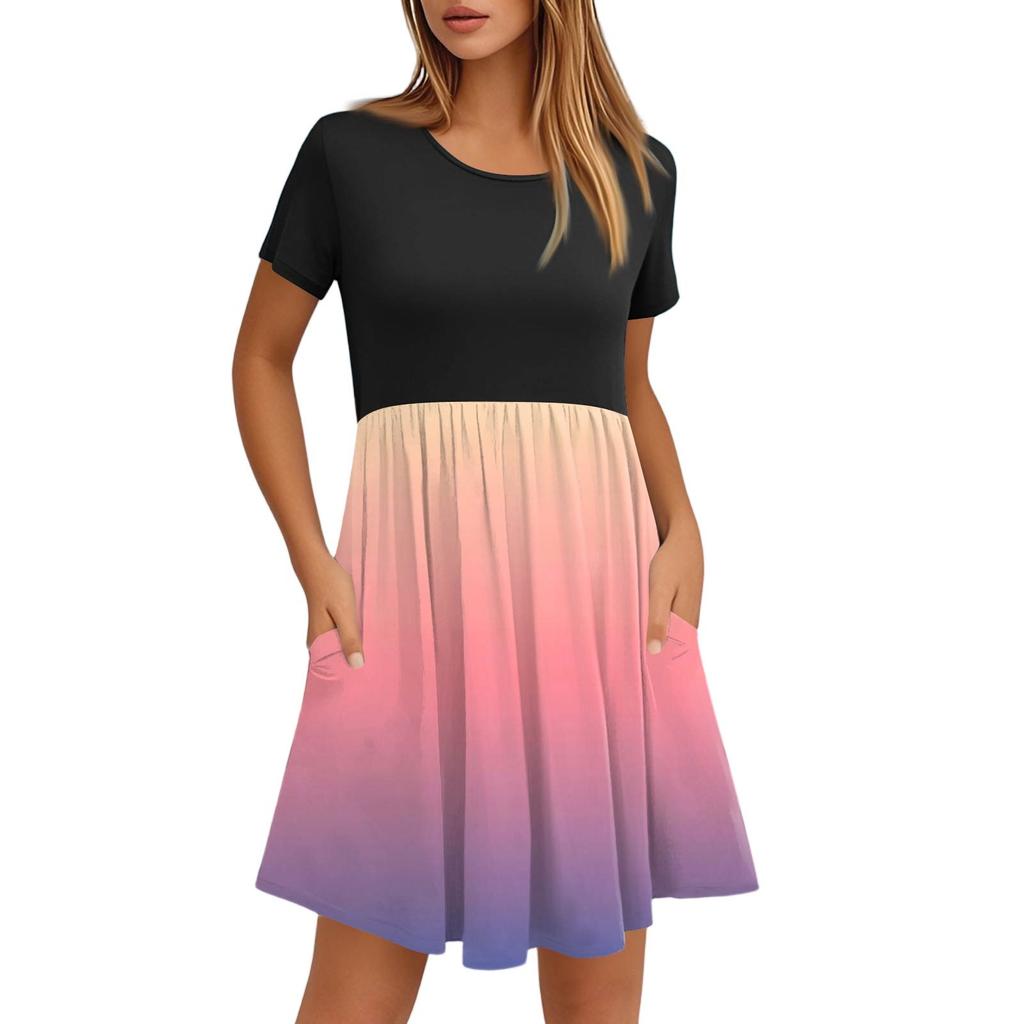 Женские модные повседневные свободные платья с круглым вырезом и коротким рукавом с принтом и карманами