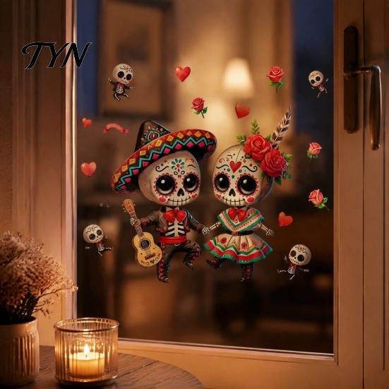 Removable Glass Art for Stores Halloween Cartoon Skeleton Couple Window Stickers, Waterproof PVC Day of The Dead Static Decals,