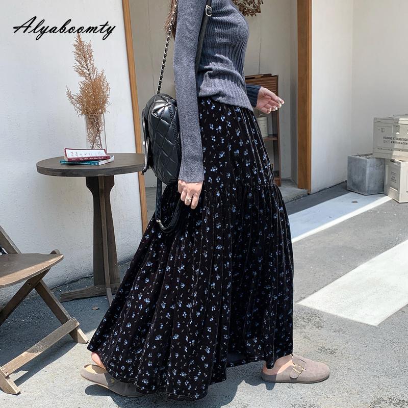 Korean Fashion Autumn Winter Women Velvet Skirt High Waist Floral Print Black Brown Midi Skirt Vintage Elegant Feminine Ruffles Skirt