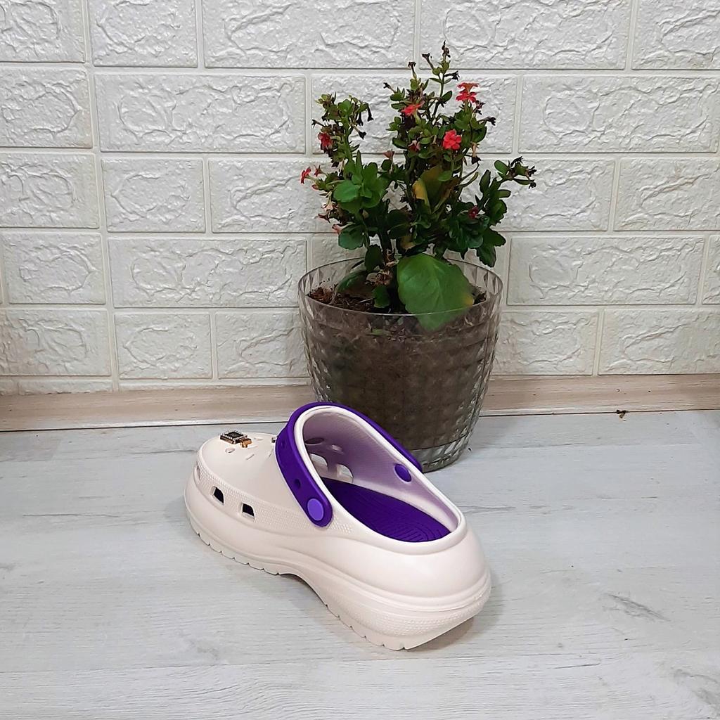 Sonimix 16001 Кремово-белые - фиолетовые женские тапочки Crks на толстой подошве с камнем