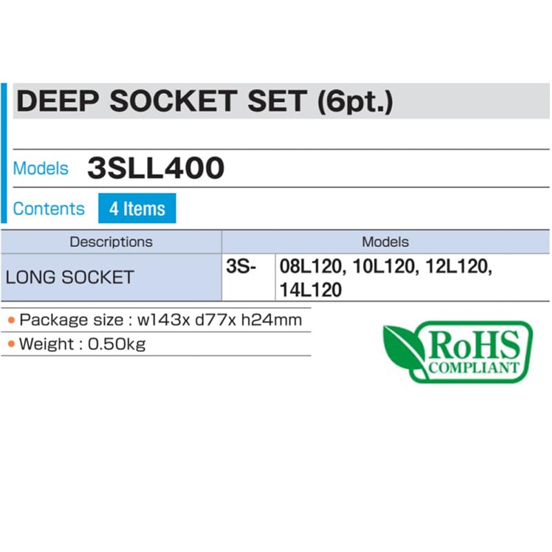 Набор экстрадлинных торцевых головок TONE включает 4 штуки (Шестиугольный) 3SLL400, 9.5мм (3/8") Водить машину,