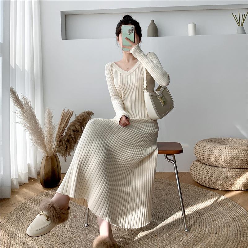 JulyPalette Solid Knitted Dress Fall Winter V-neck Slim Long Sleeve Dress Elegant Ladies Black Midi-length Sweater Dresses