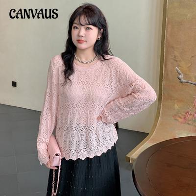 Большие размеры женские топы с круглым вырезом и ажурной отделкой весна и осень свободный повседневный трикотаж с длинным рукавом