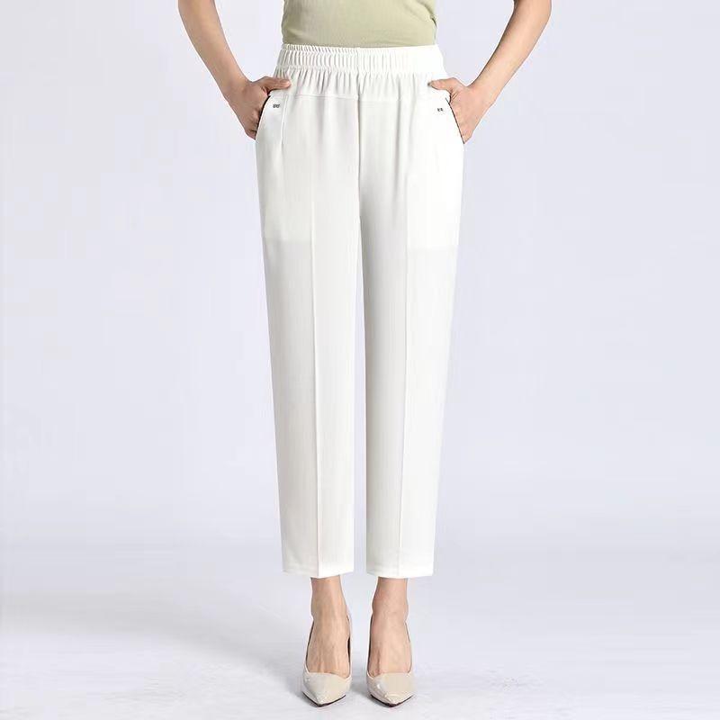 5XL 6XL 7XL 8XL Women Summer Pants Elastic High Waist Casual Ninth Pants Middle-aged Elderly Female Straight Mom Pants Plus Size