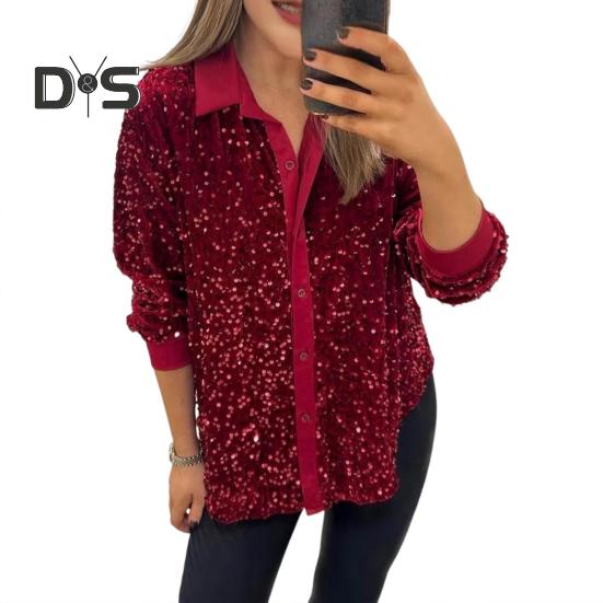 Women Sparkling Shirt Lapel Long Sleeve Single Breasted Shirt Tops Shiny Sequins Embellished Party Stage Blouse