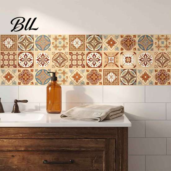 Floral Tile Stickers for Cabinets 3Pcs 2D Retro Stickers, Self-Adhesive Waterproof Oil Proof Wall Easy Apply Tiles Renters Decals, Peel & Stick