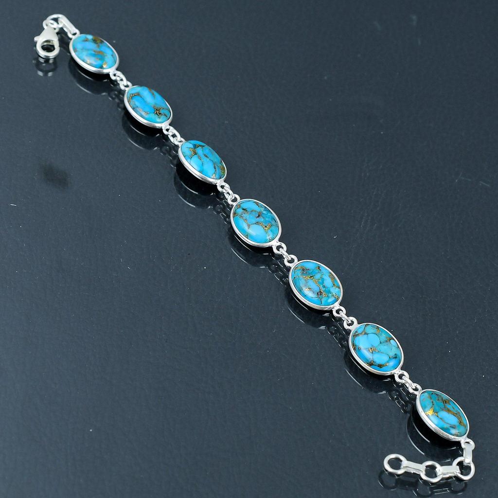 Браслет из натурального медного камня с бирюзой, серебро 925 пробы, браслет со звеньями от 7 до 8 дюймов, браслет ручной работы, ювелирный подарок на День святого Валентина
