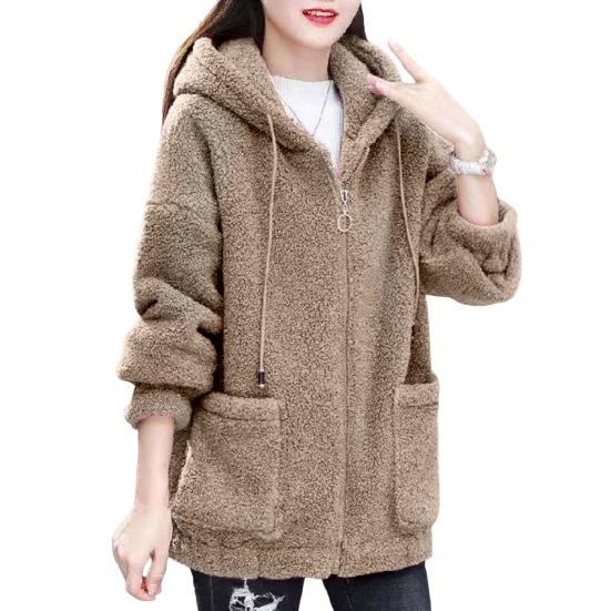 Женская куртка шерпа на молнии, пушистая флисовая куртка оверсайз, теплая куртка с капюшоном, зимняя осенняя повседневная верхняя одежда с карманами