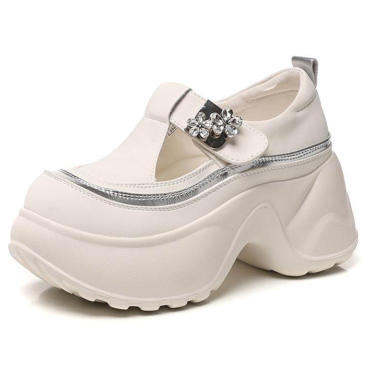 Soft Leather Thick Sole Inner Height Increase Leather Surface Single Shoes Women's Autumn 2025 New Breathable Slope Heel Casual Hollow White Shoes