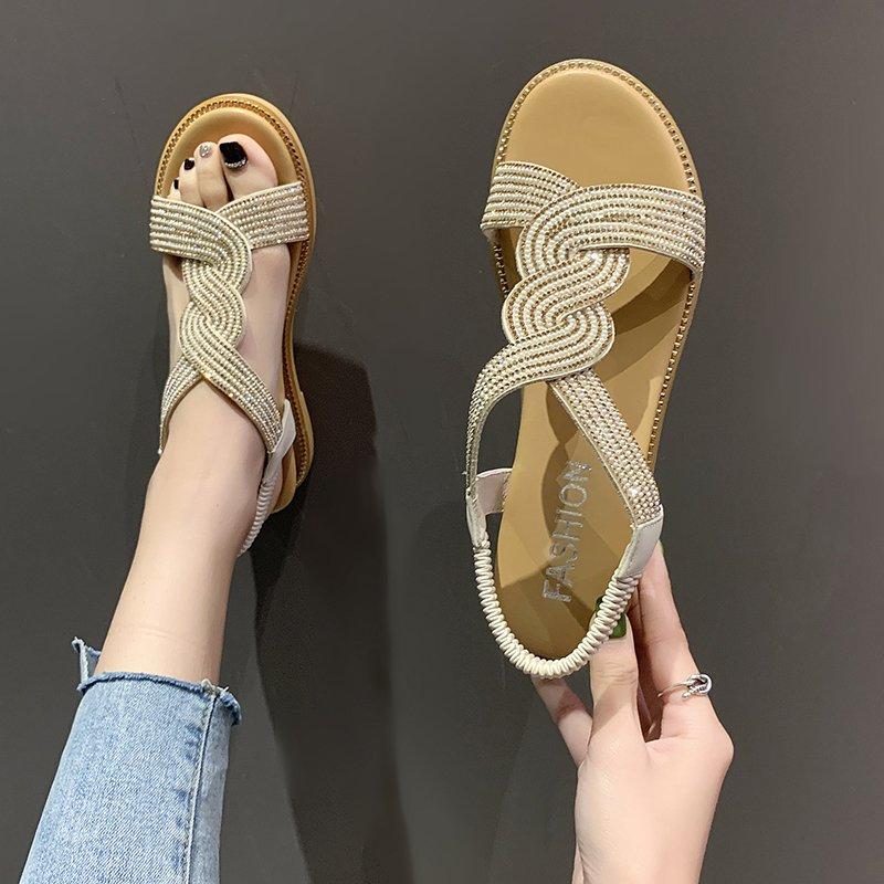 Модные женские босоножки на танкетке со стразами, летняя мода в стиле бохо с открытым носком, на толстой платформе, с пряжкой на ремешке, нескользящая обувь