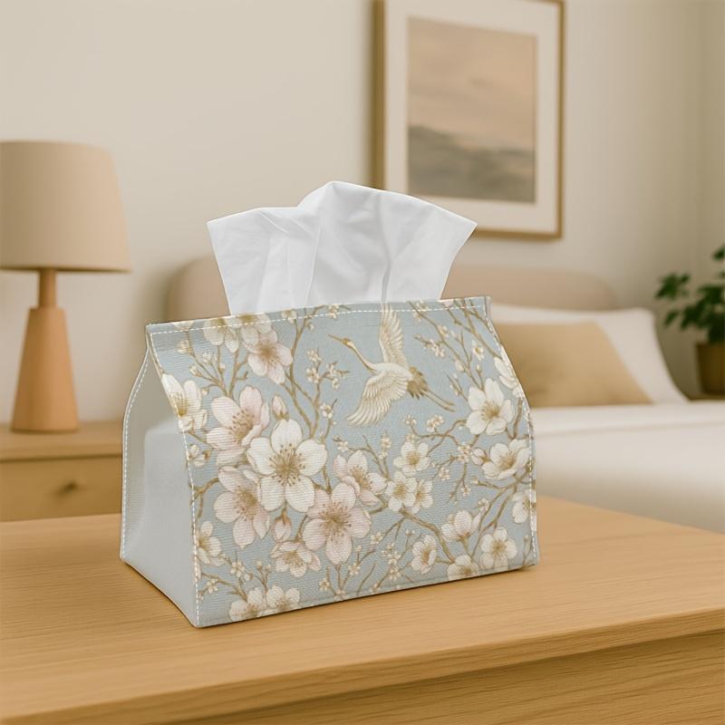 1pc Oriental Traditional Nature Tissue Box| Multi-functional Napkin Dispenser, Suitable for Home, Parties, Car Decoration Crane Bird Cherry Blossom- D