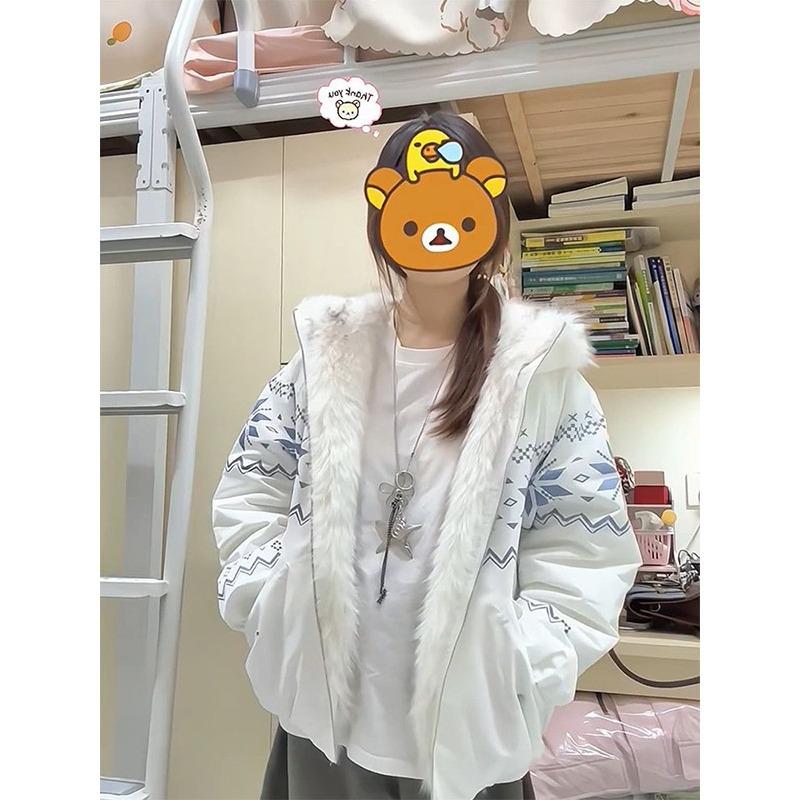 Pure and cute gentle wind white hooded fluffy down cotton clothes versatile loose casual warm design jacket