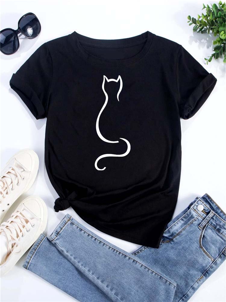 O Neck Tshirt Comfortable Cute Love Heart Cat Print Casual Short Sleeve Top Summer Women's Clothing Cartoon Streetwear