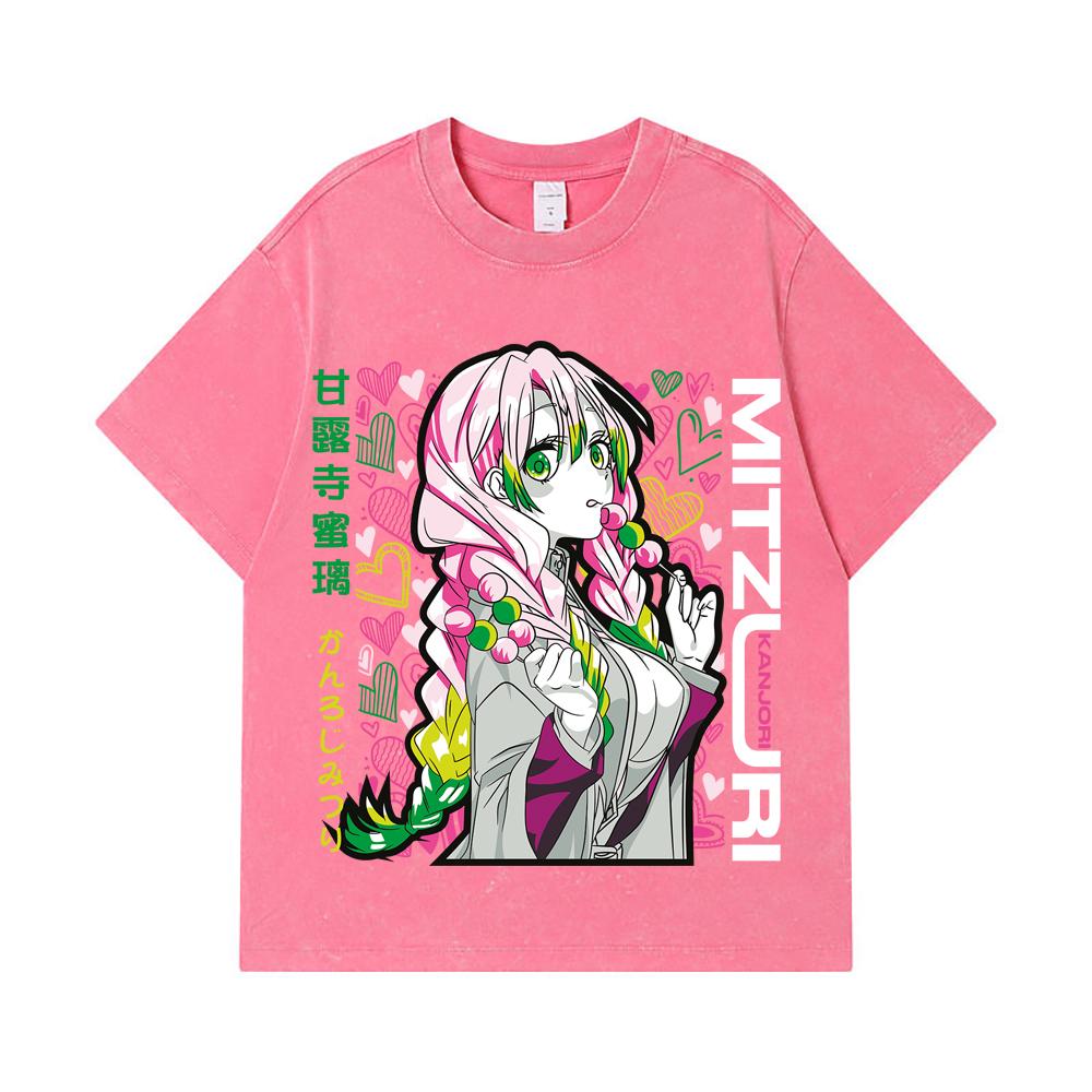 275 GSM Washed T-shirts 100% Cotton Demon Slayer V102 Mitsuri Print Unisex Heavy Cotton T Shirt