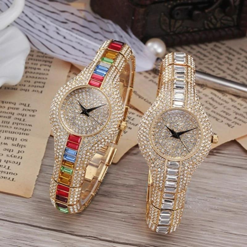 Часы MISSFOX для женщин, роскошные, Iced Out Bling, кварцевые наручные часы, модные, радужные, с бриллиантами, ювелирные изделия, женские часы
