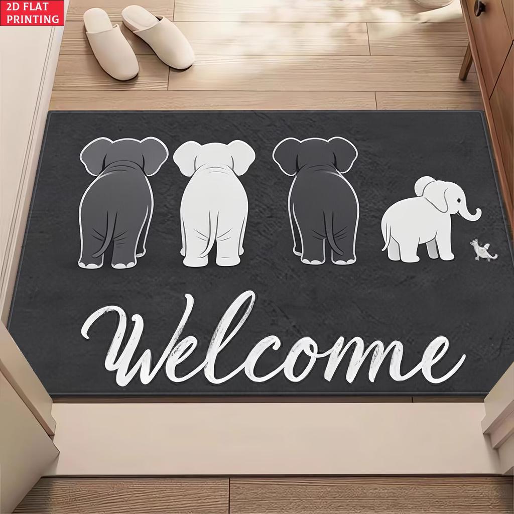 Cute Elephant Family Welcome Mat, 2D Flat Printing Animal Entryway Rug, Non-Slip Washable Floor Mat for Home Decoration