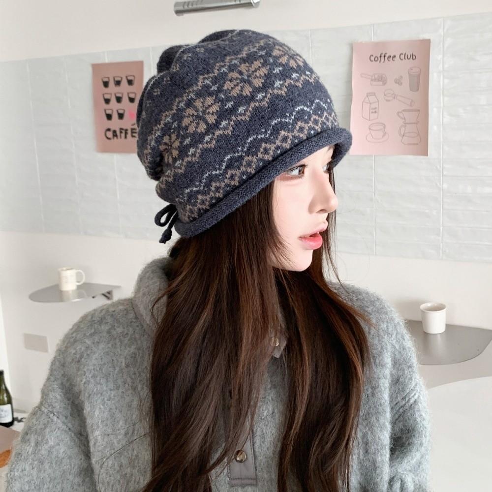 Drawstring Roll Brim Knit Beanie Fair Isle Pattern Beanie Retro Slouchy Hat Autumn Winter