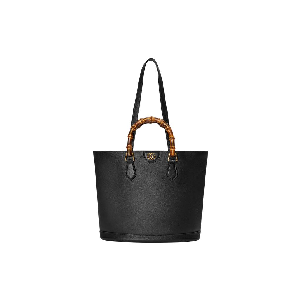Gucci Diana Bamboo Double G Logo Solid Leather Tote Bag Women Tote Bags Black 750394-UAAAY-1092