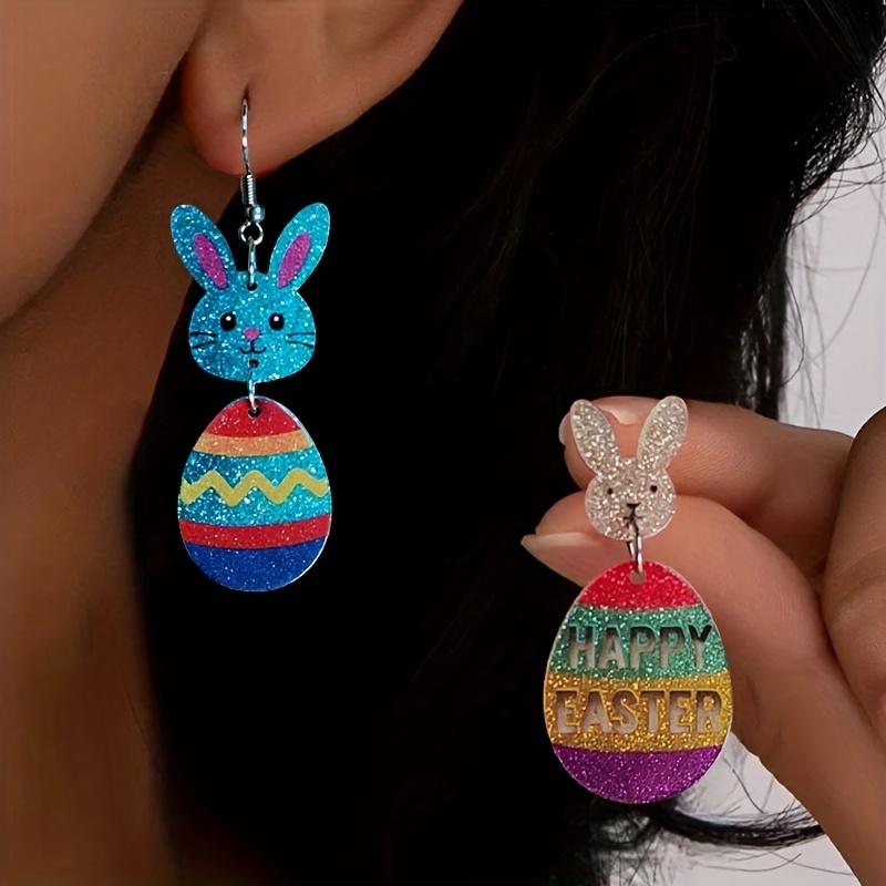 Pair of Fun Easter Colorful Letter Print Rabbit Egg Acrylic Earrings, Celebrate Holiday Party Gifts Cute Cartoon Women's Earring Accessories