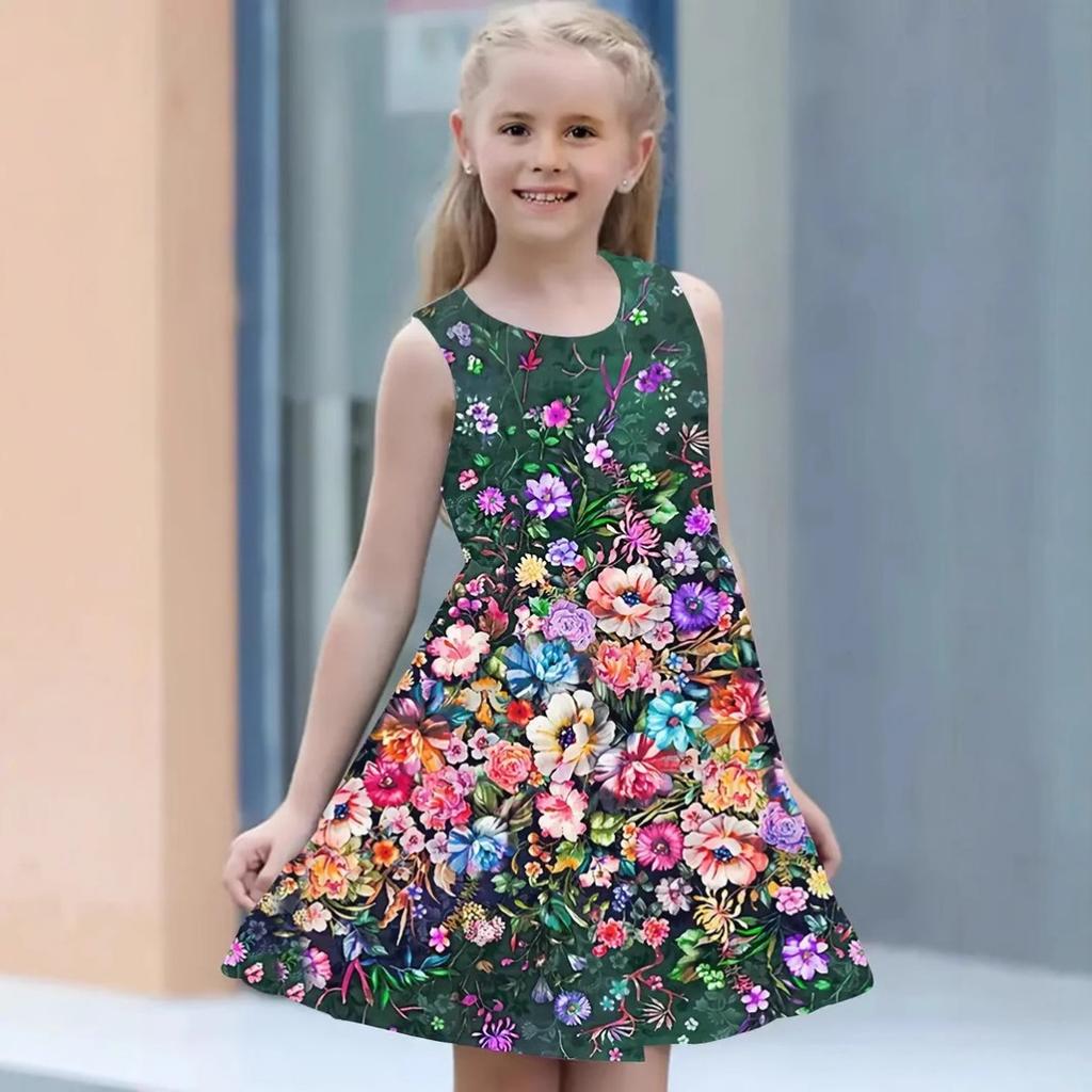 Girls Round Neck Sleeveless Vest Dress Dress Dresses Lovely Splicing Collision Colour Princess Dress 3D Digital Printing