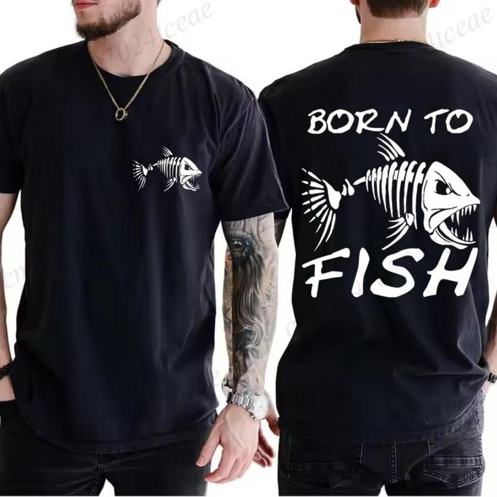 Летние мужские футболки с принтом Born To Fish Харадзюку, повседневные дышащие футболки с черепом и скелетом глубоководной рыбы, спортивная футболка оверсайз, одежда