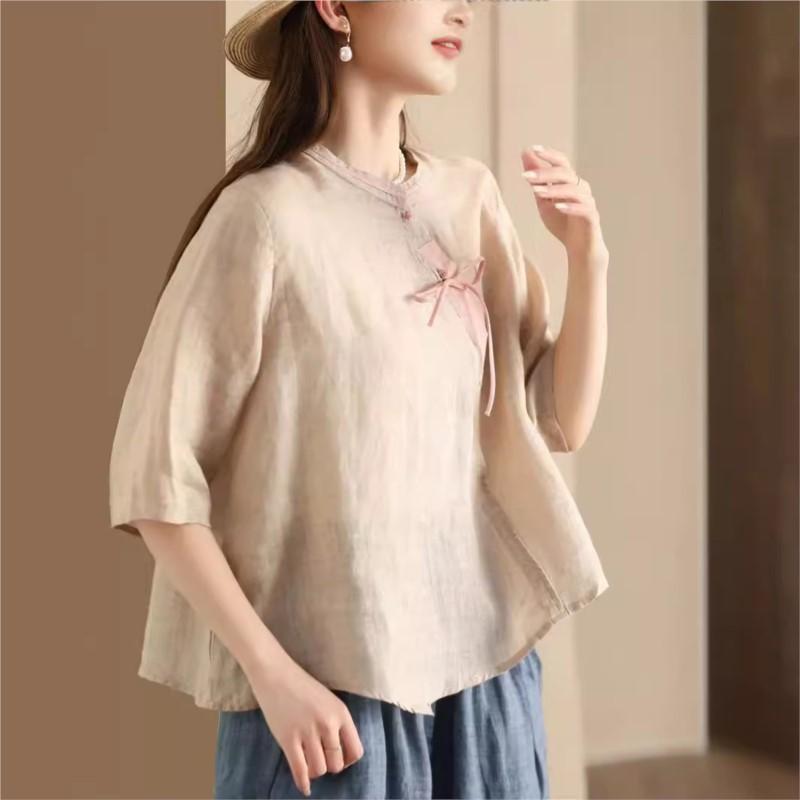 Johnature Women Vintage Shirts Tops Stand Half Sleeve Blouses Summer Button Chinese Style Loose Shirts
