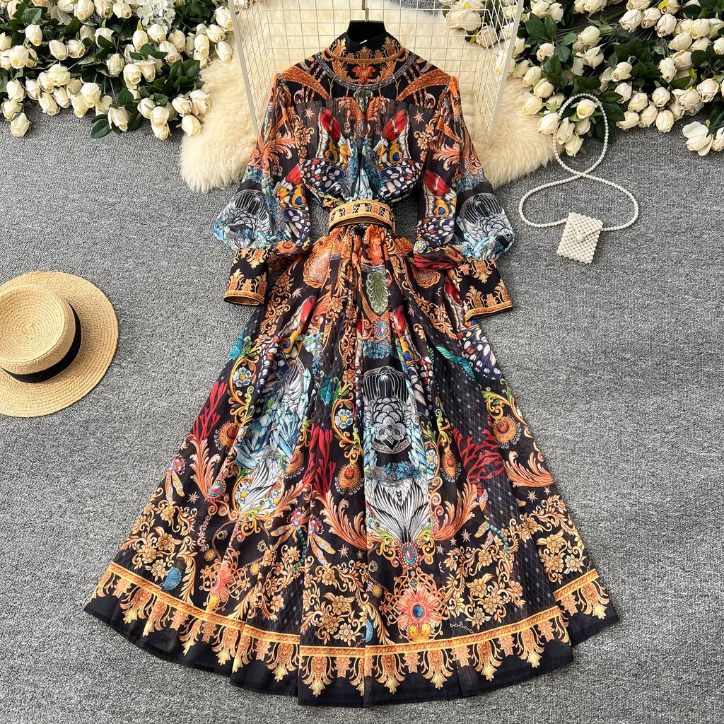 Spring Summer Women Vintage Palace Print Runway Dress Oversize Loose Long Maxi Party Dresses