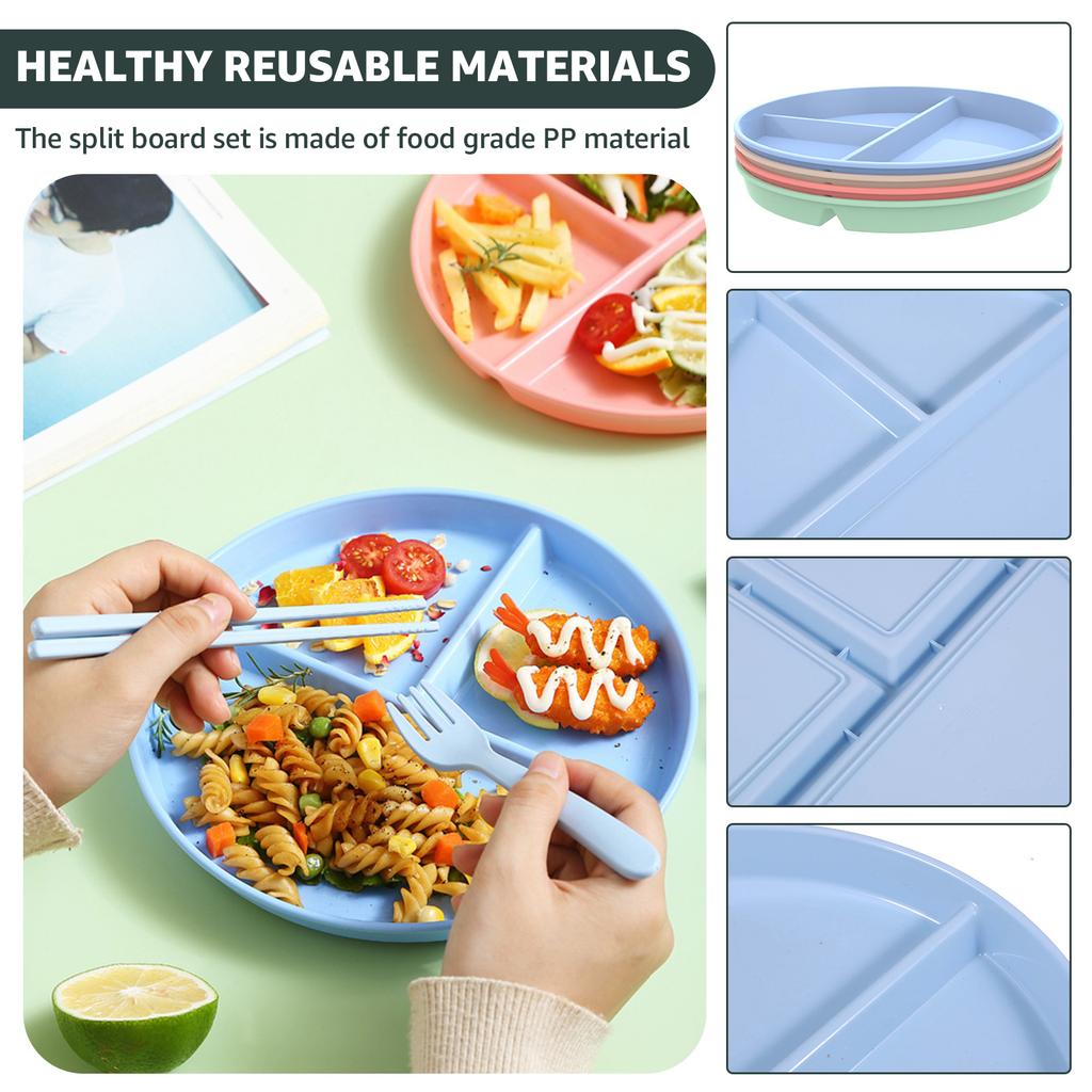8Pcs 9inch Divided Dinner Plates Unbreakable Reusable Stackable Lightweight Divider Plates Set Microwave Safe for Kids Adults