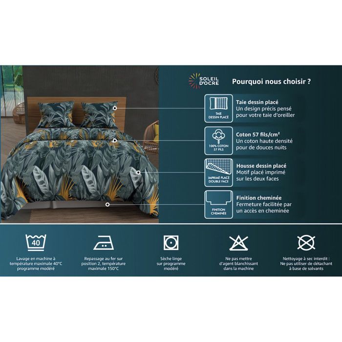 Duvet Cover Set In 57 Thread Count Cotton 260x240 Cm JUNGLE Blue, by Soleil d'Ocre