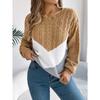 Women's Autumn/Winter Sweatshirt-Style Casual Colour-Block Cable-Knit Bell-Sleeve Pullover Loose-Fit Knitted Top for Ladies