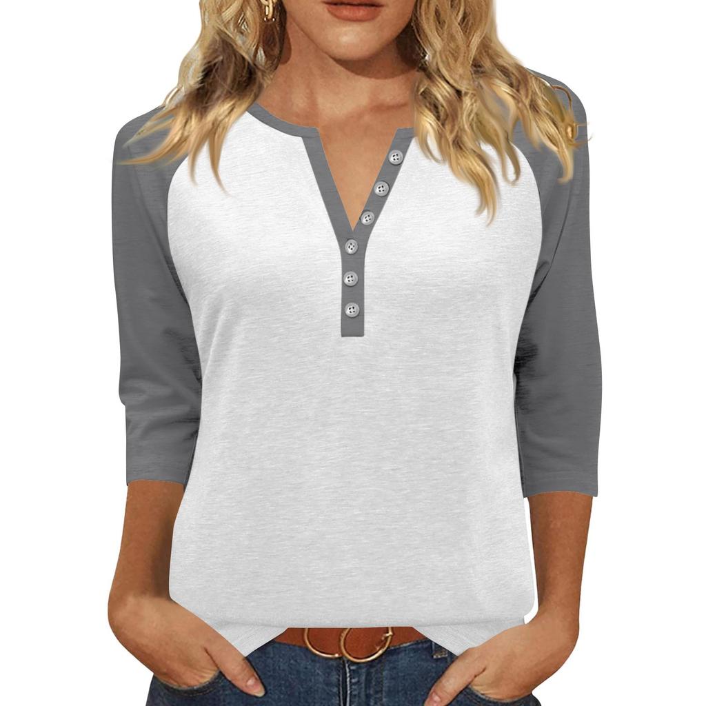 Жен. Футболка С принтом Пуговицы Рукав 3/4 Повседневные Выходные Мода Классический Классический V-образный вырез Обычный Верх