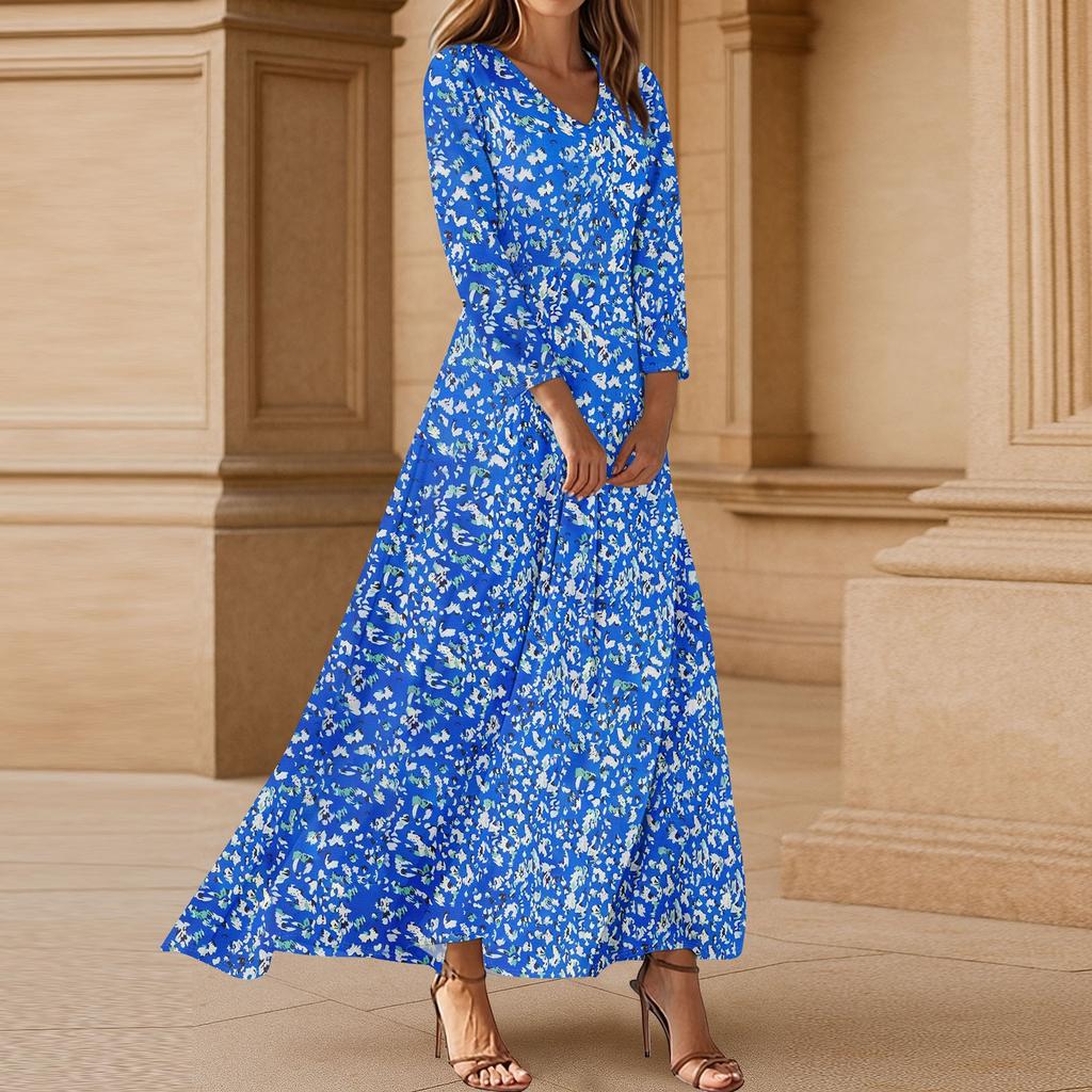 Dresses For Womens Vintage Flower Tunic Waisted Midi Dress Summer Casual 3/4 Sleeve Dress