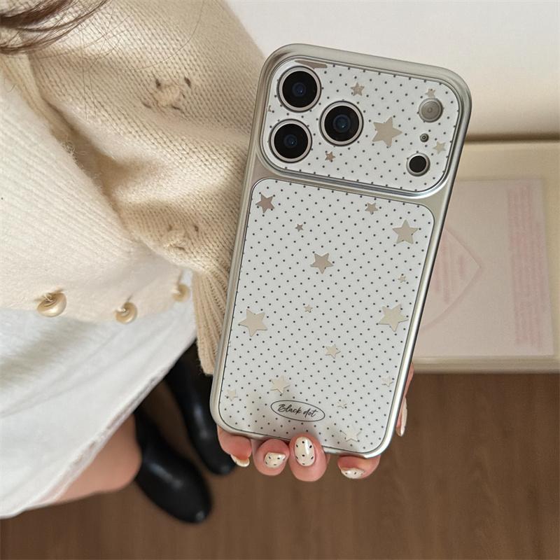 Новый Чехол для Телефона 2026 Серебряная Звезда в Горошек Для iPhone 17 Pro 16 15 14 Pro Max с Гальванизированной Рамкой Тонкий Ударопрочный Чехол