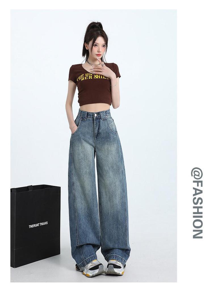 Женские осенние ретро джинсы с высокой посадкой, выстиранные, широкие штанины