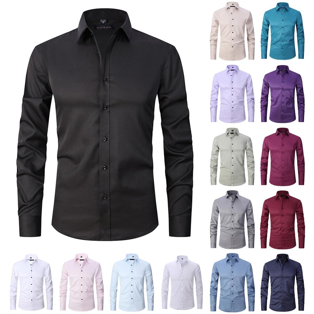 Elastic Shirt Men's Long Sleeve Shirt Men's Top Slim Solid Color Inch Shirt