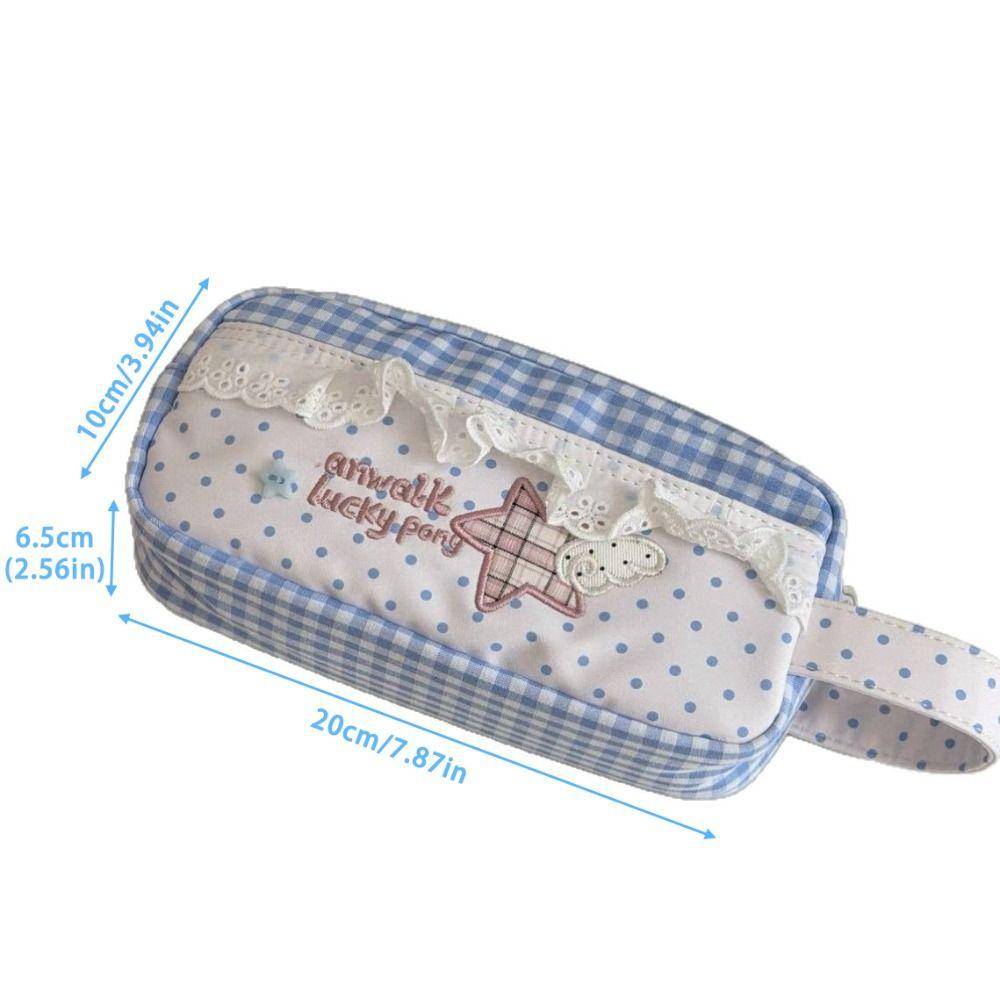 Lace Plaid Print Pen Bag With Handle Stationery Bag New Stationery Organizer Gift