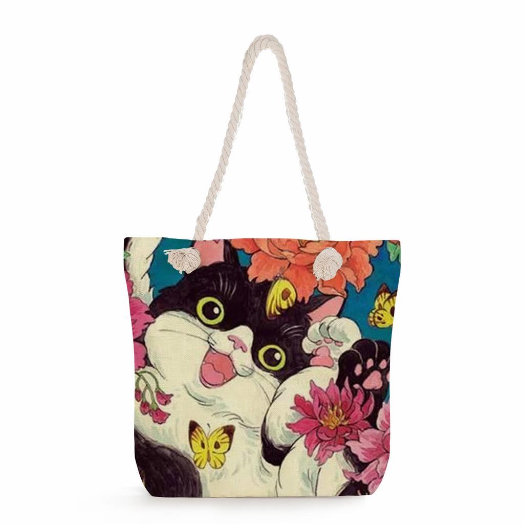 Cat print thick rope single-shoulder beach bag 7266 CLE