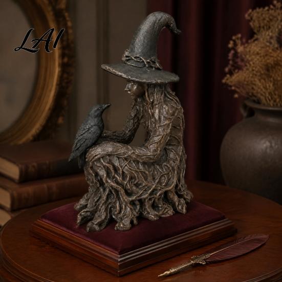 Очаровательная статуэтка ведьмы Статуэтка для Хэллоуина Дерево Готская фигурка вороны из смолы Коллекционная фигурка Украшение в стиле темного фэнтези Принадлежности для праздничной вечеринки