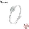 BAMOER 925 Sterling Silver Sparkling Heart Ring Braided Texture Twisted Ring for Women Anniversary Statement Jewelry