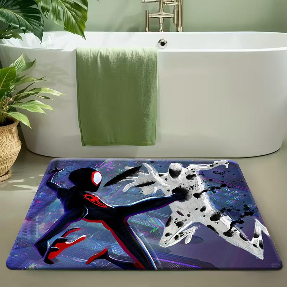 Bath Mat 1pc, Spiderman Shadow Red City, MARVEL Flannel Rectangular Mat, Bathroom Non-slip Entrance Mat, Fun Door Decoration M