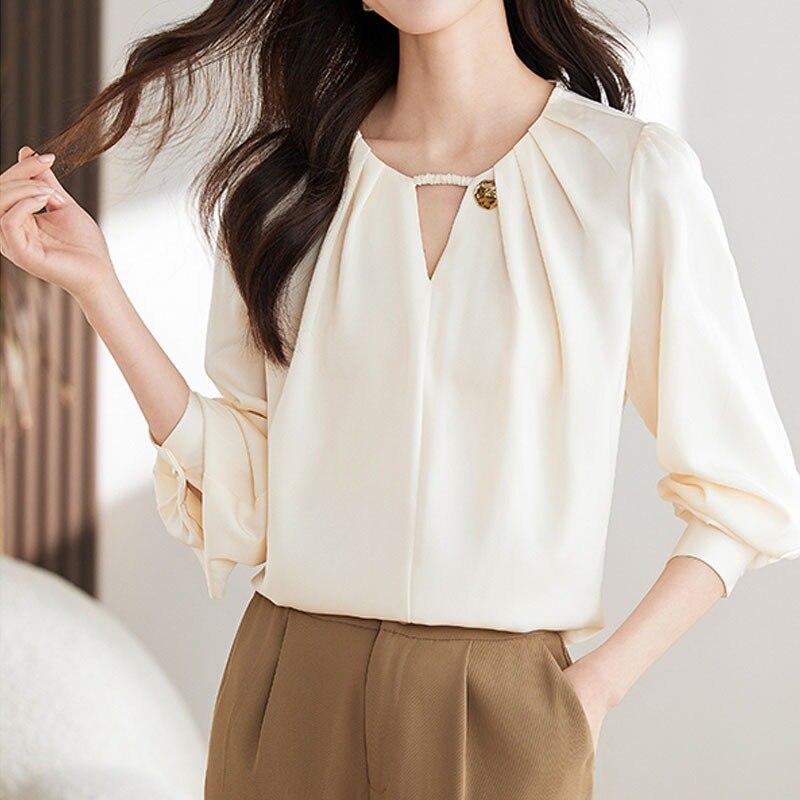 Офисная женская элегантная женская рубашка, модная шифоновая женская блузка с длинным рукавом и v-образным вырезом, женские топы, нижняя женская одежда 29311