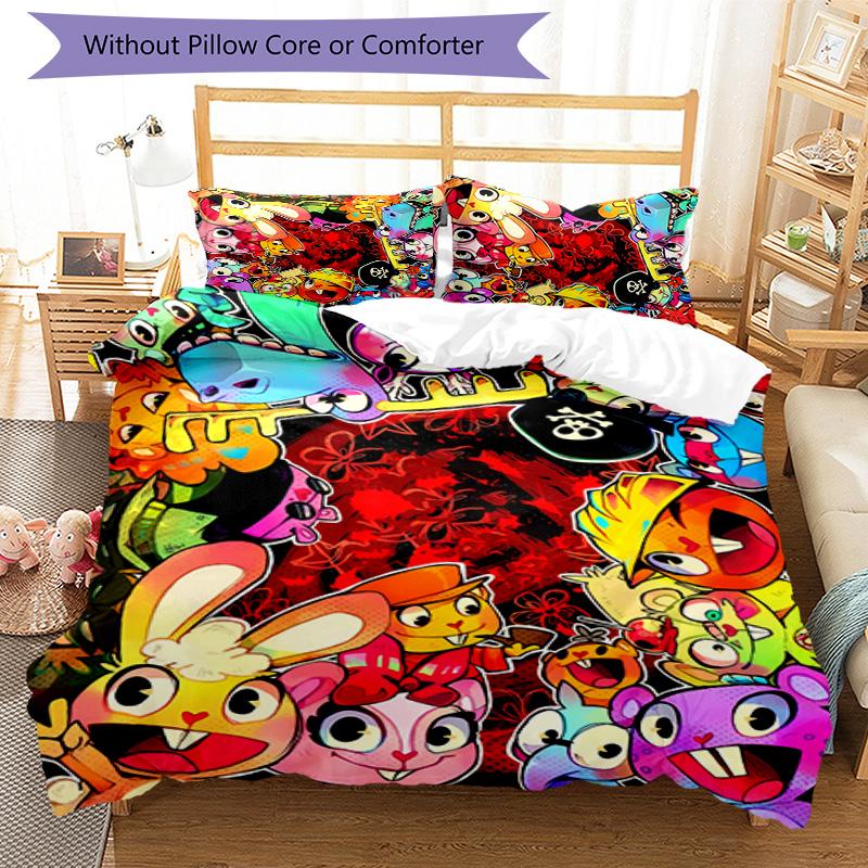 3pcs Happy Tree Friends pattern bedding set duvet cover set includes duvet cover &pillowcases, perfect all season bedroom decoration & gift