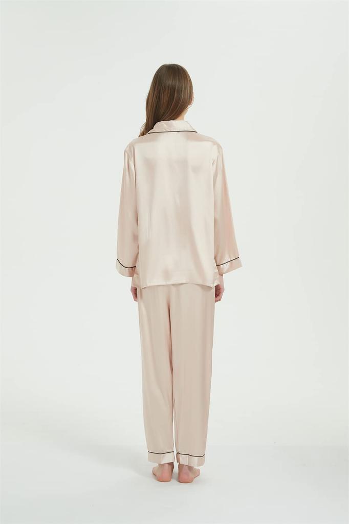 Pajamas Silk Satin Top and Bottom Set Room Wear Loungewear Long Sleeve Open Front Light Pink L [KUMASEN] Women's