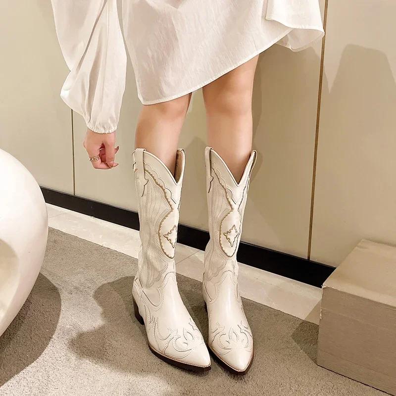 Fashion Women's Boots Retro Autumn Winter White Knee High Boots Women Comfy Walking Female Western Cowboy Boot Women's Shoes