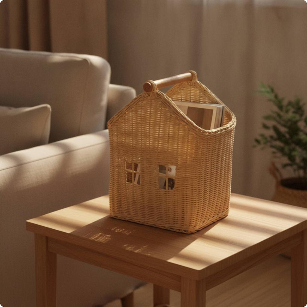 House-Shaped Basket Decorative Wicker Basket with Handle Rustic Stylish for Children, Tabletop, Bookshelf