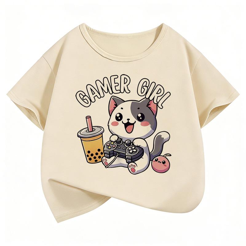 Funny Gamer Girl Cat Print Kids Short Sleeves T-Shirt Loose Casual Summer Outdoor Street Boy and Girl Tees Tops