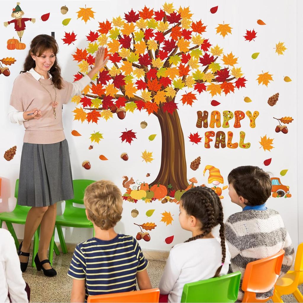 Chivertion 150 Pcs Thanksgiving Happy Fall Bulletin Board Decorations Fall Tree Bulletin Board Set Pumpkin Maple Leaves Scarecrow Cutouts Autumn