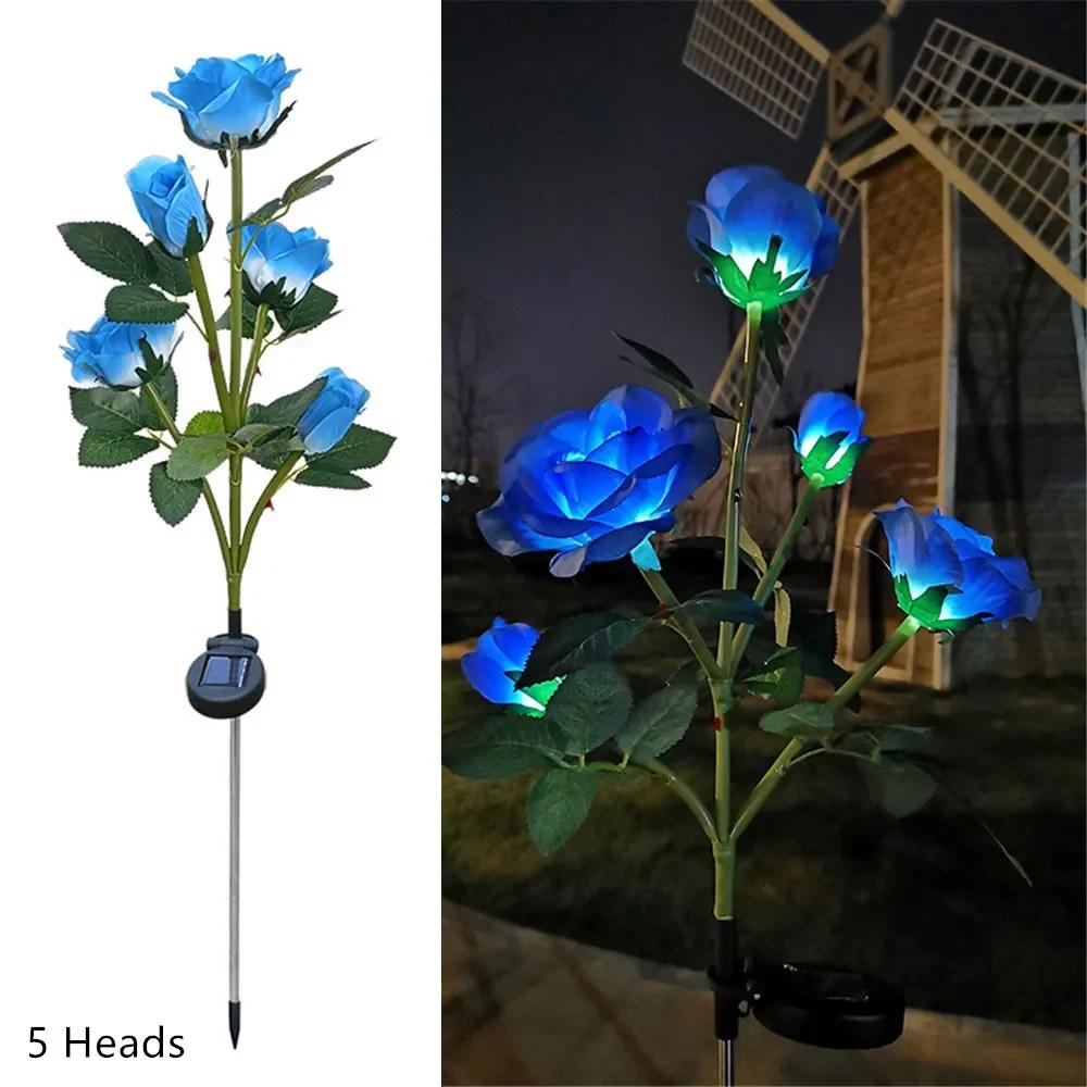 Garden Solar Decorative Lights, Outdoor Waterproof Realistic Artificial 5 Rose Flowers for Backyard Pathway Porch Yard Decor